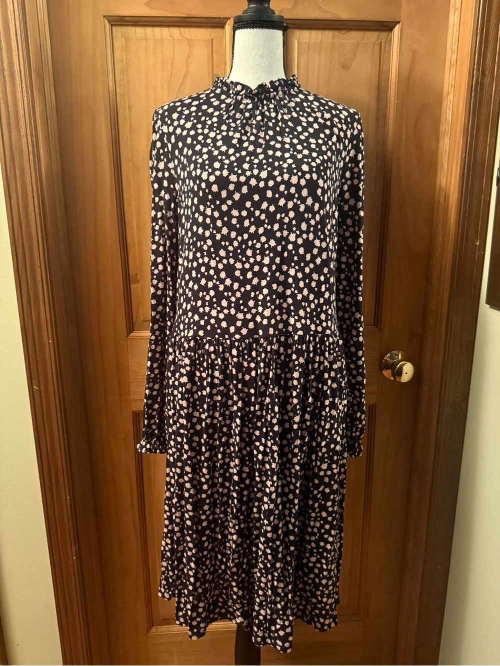 Boden Navy Long-Sleeve Midi Dress with Pink Spot Print